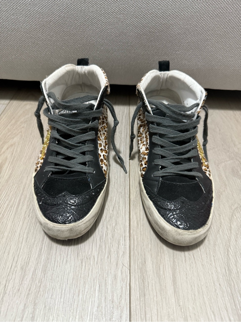 Golden Goose Black Leopard-Accent High-Top Sneakers with Gold Trim
